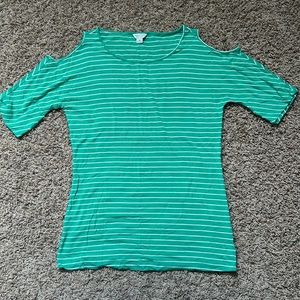 Nautica Kelly Green and White Striped Cold Shoulder Fitted Top Size Medium